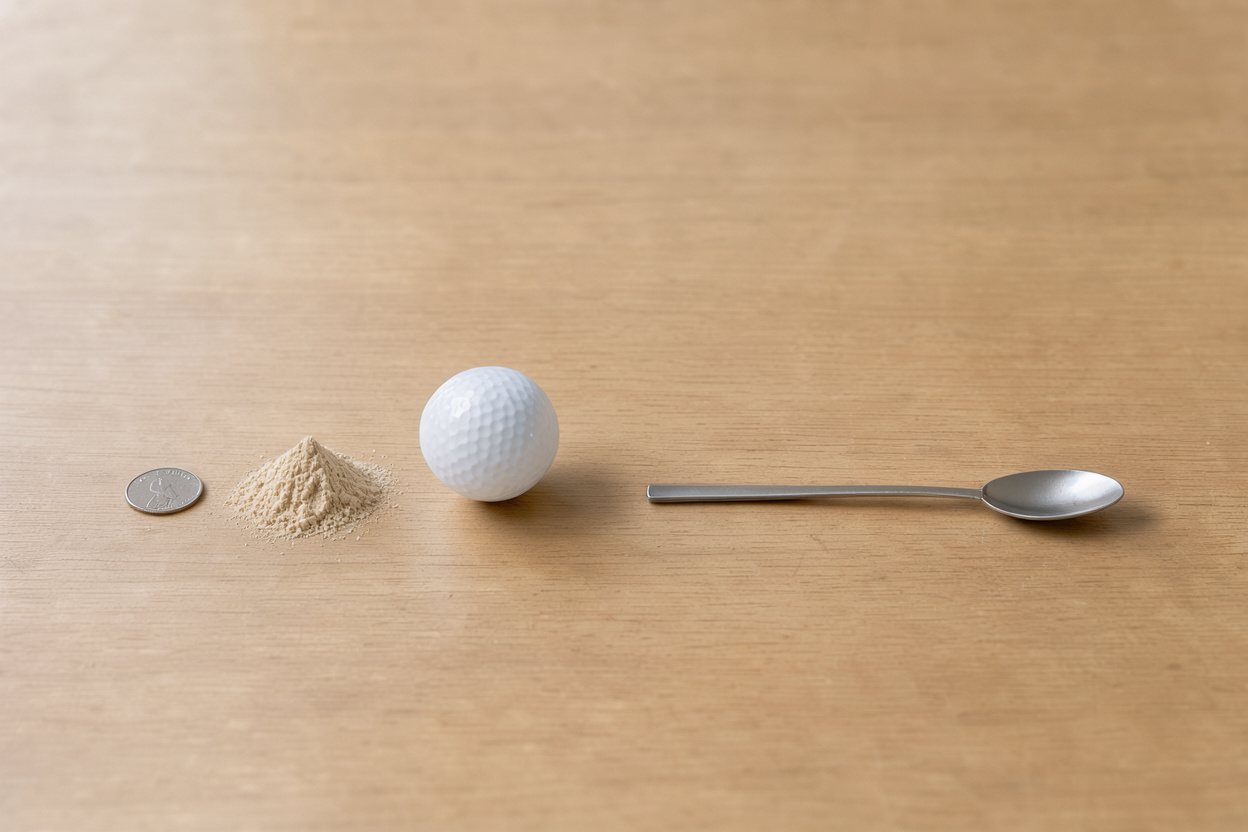 What does 5 grams of pre-workout powder look like? Shown at true scale next to a US quarter, a golf ball and a teaspoon.