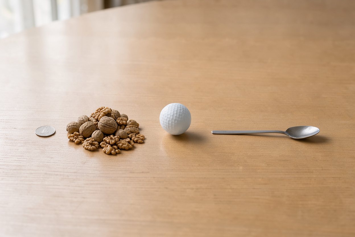 What does 50 grams of walnuts look like? Shown at true scale next to a US quarter, a golf ball and a teaspoon.