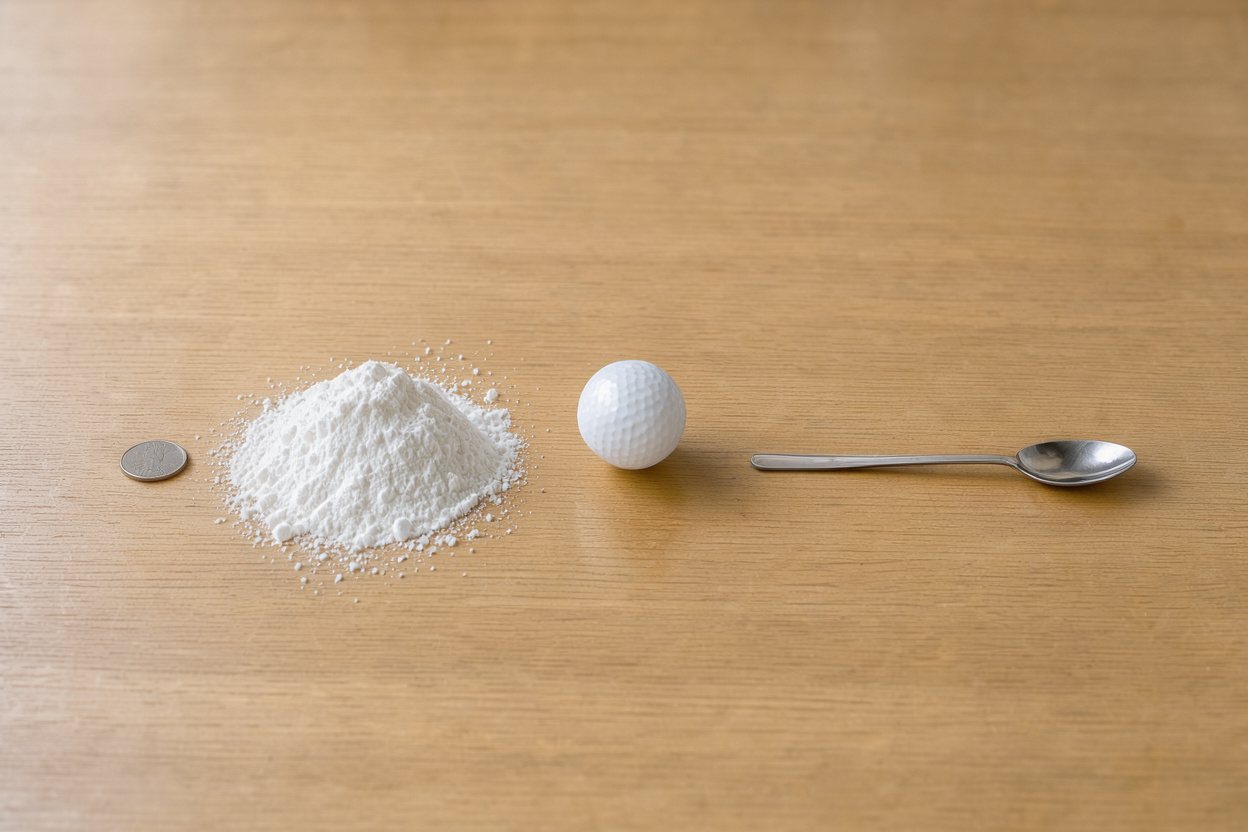 What does 75 grams of cornstarch look like? Shown at true scale next to a US quarter, a golf ball and a teaspoon.