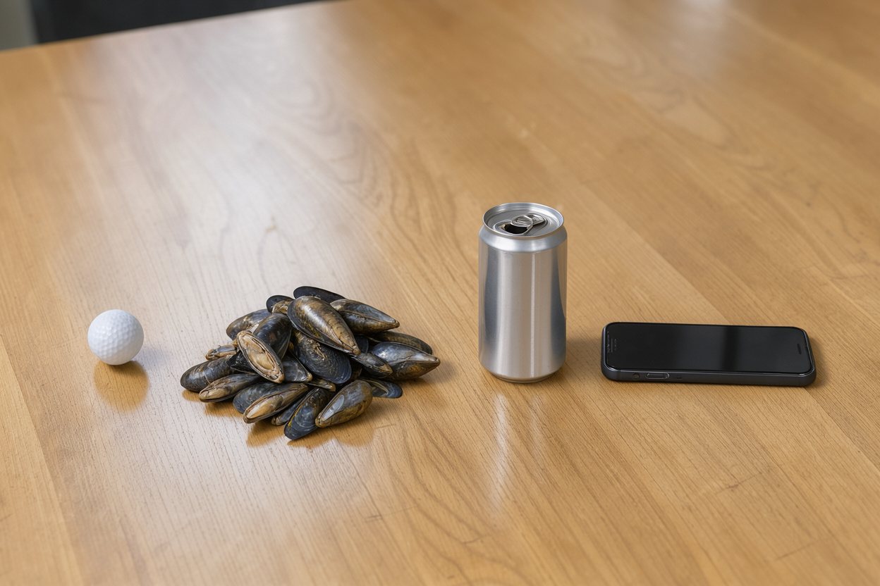 What does 1 pound of mussels look like? Shown at true scale next to a golf ball, a soda can and a smartphone.