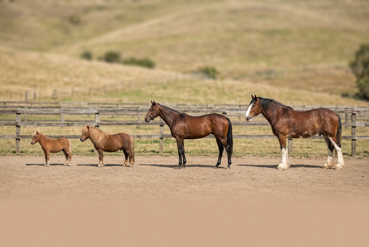 Miniature horse vs shetland pony vs thoroughbred vs clydesdale: size comparison