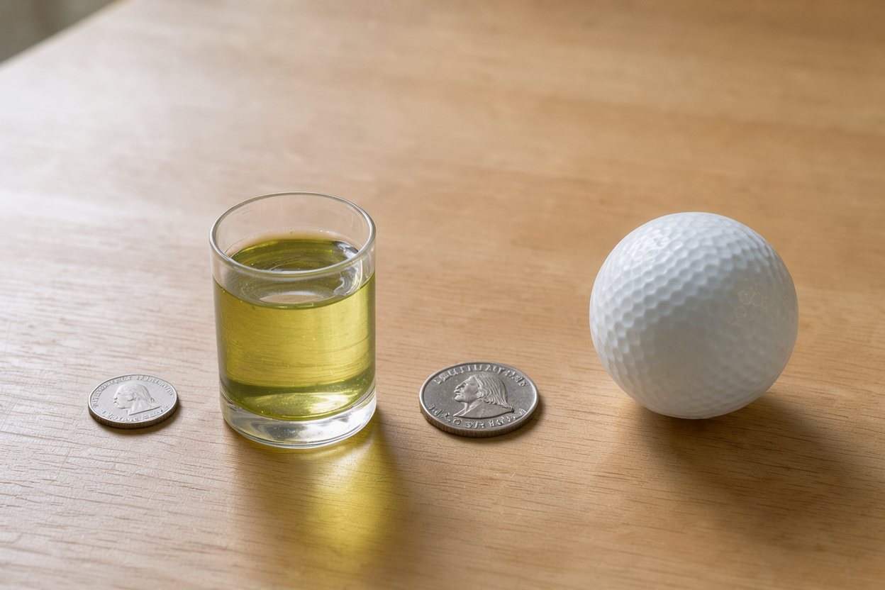 What does 2 tablespoons of avocado oil look like? Shown at true scale next to a US dime, a US quarter and a golf ball.