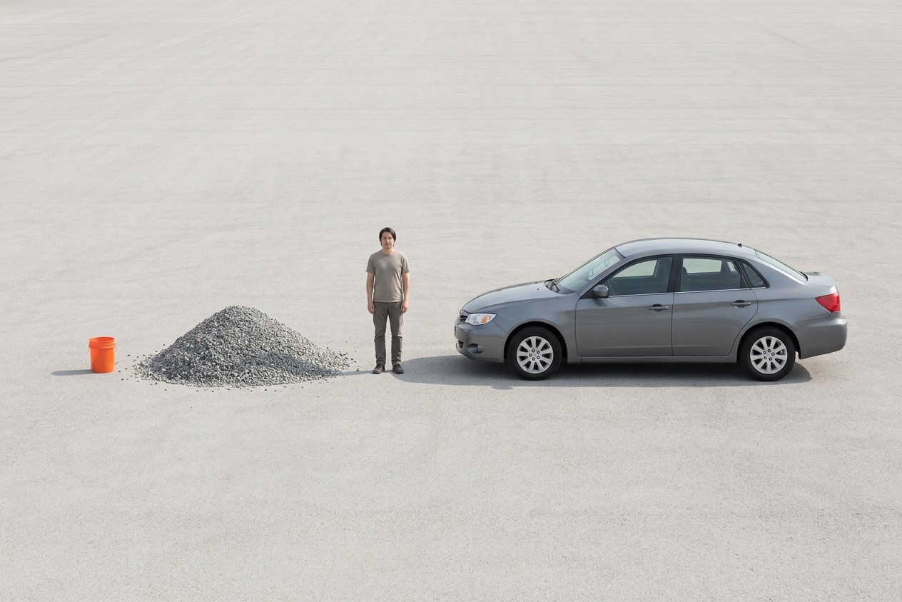 What does 50 cubic feet of gravel look like? Shown at true scale next to a 5-gallon bucket, an adult person and a sedan car.