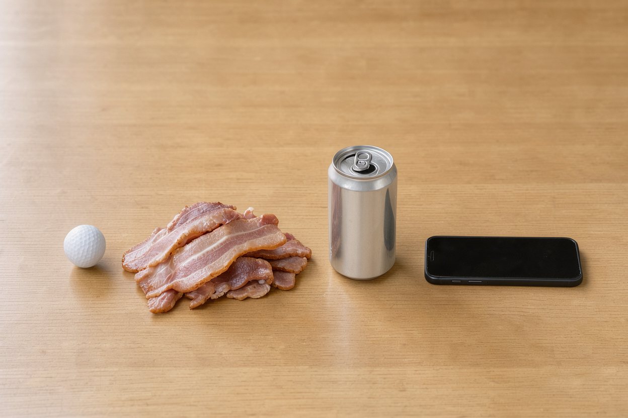 What does 1 pound of bacon look like? Shown at true scale next to a golf ball, a soda can and a smartphone.