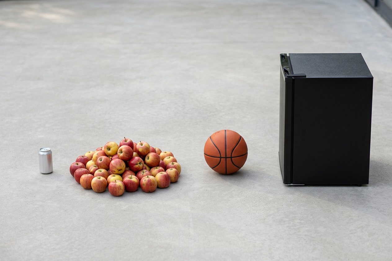 How many apples would fill a mini fridge? Shown at true scale next to a soda can, a basketball and a mini fridge.