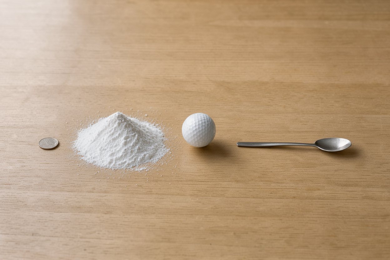 What does 100 grams of powdered erythritol look like? Shown at true scale next to a US quarter, a golf ball and a teaspoon.
