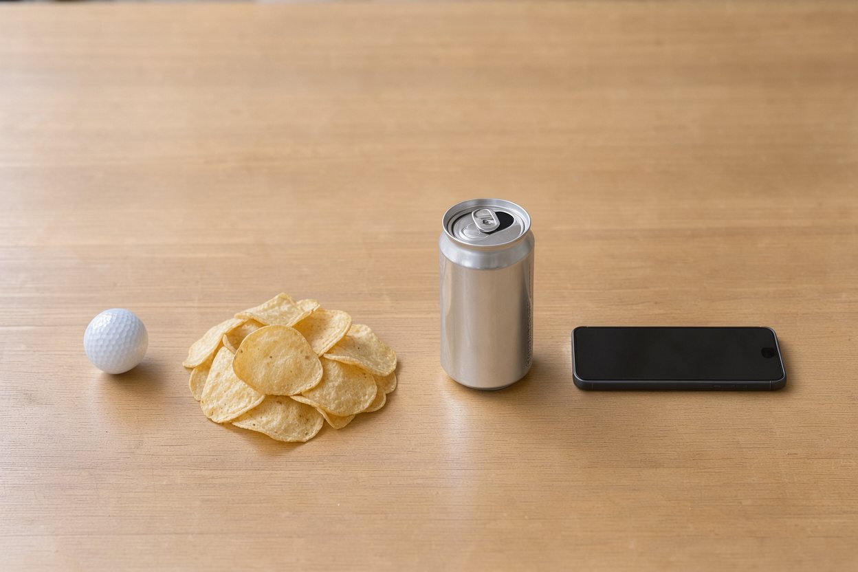 What does 1 ounce of potato chips look like? Shown at true scale next to a golf ball, a soda can and a smartphone.