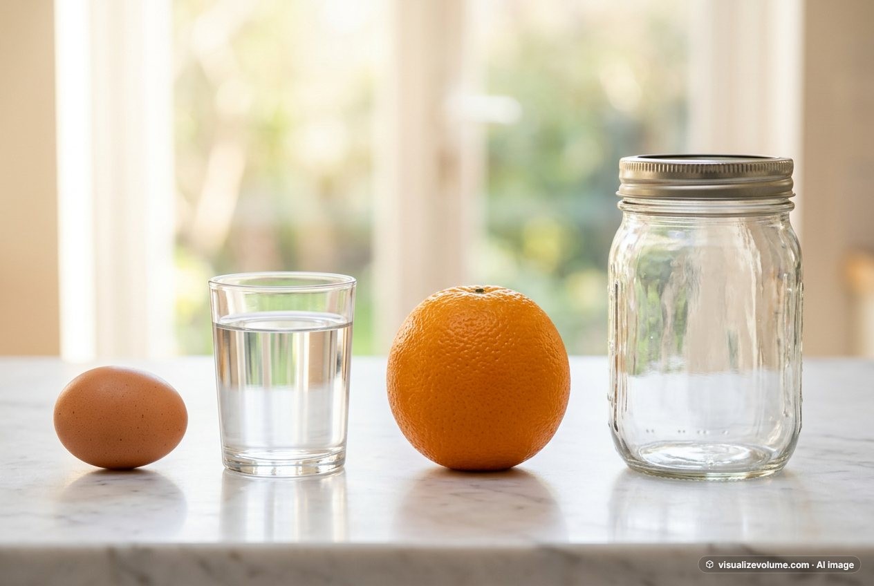 What does 5 fluid ounces of water look like? Shown at true scale next to a large egg, an orange and a pint mason jar.