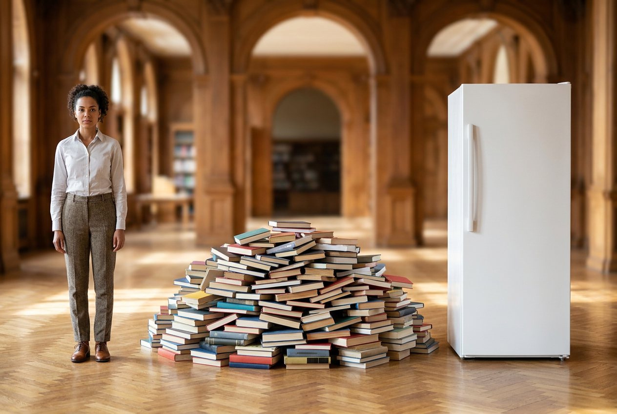 What do 500 books look like? Shown at true scale next to an adult person and a refrigerator.
