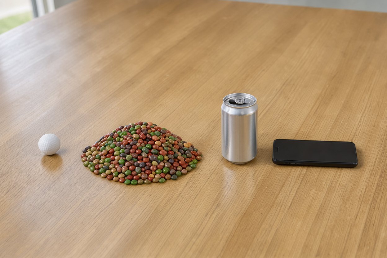 What do 1,000 M&Ms look like? Shown at true scale next to a golf ball, a soda can and a smartphone.