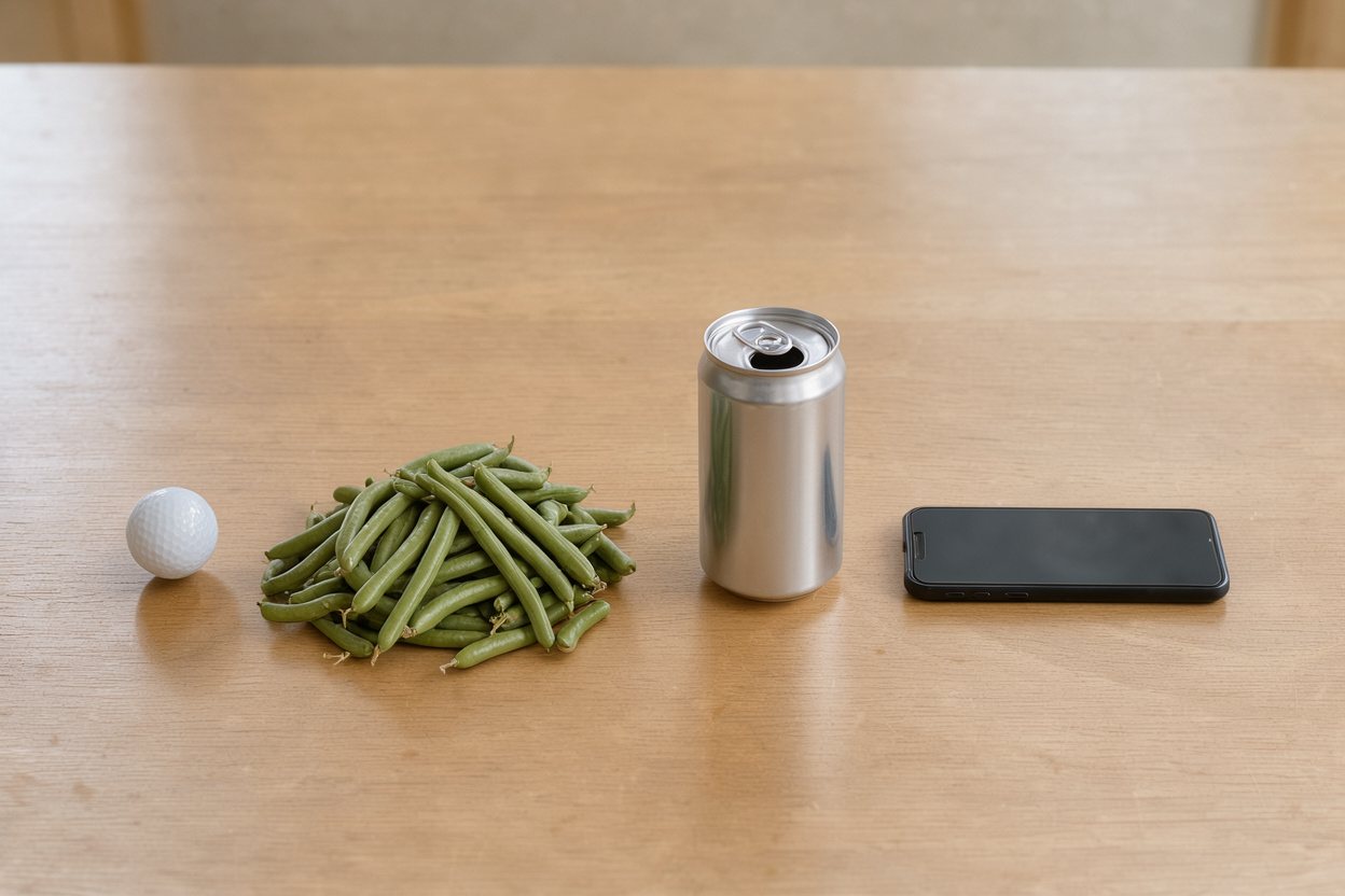 What does 250 grams of green beans look like? Shown at true scale next to a golf ball, a soda can and a smartphone.