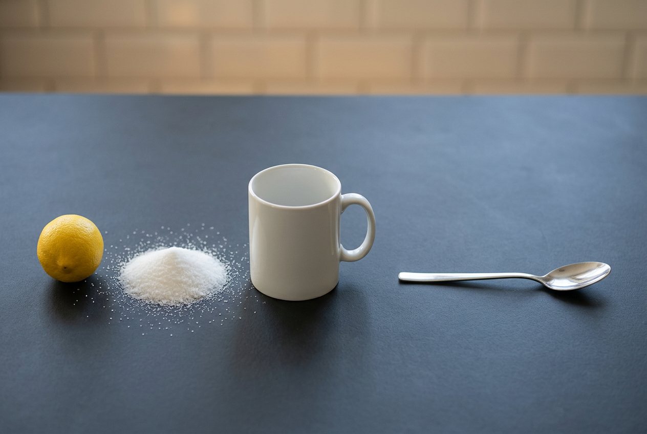 What does 100 grams of table salt (fine) look like? Shown at true scale next to a lemon, a coffee mug and a tablespoon.