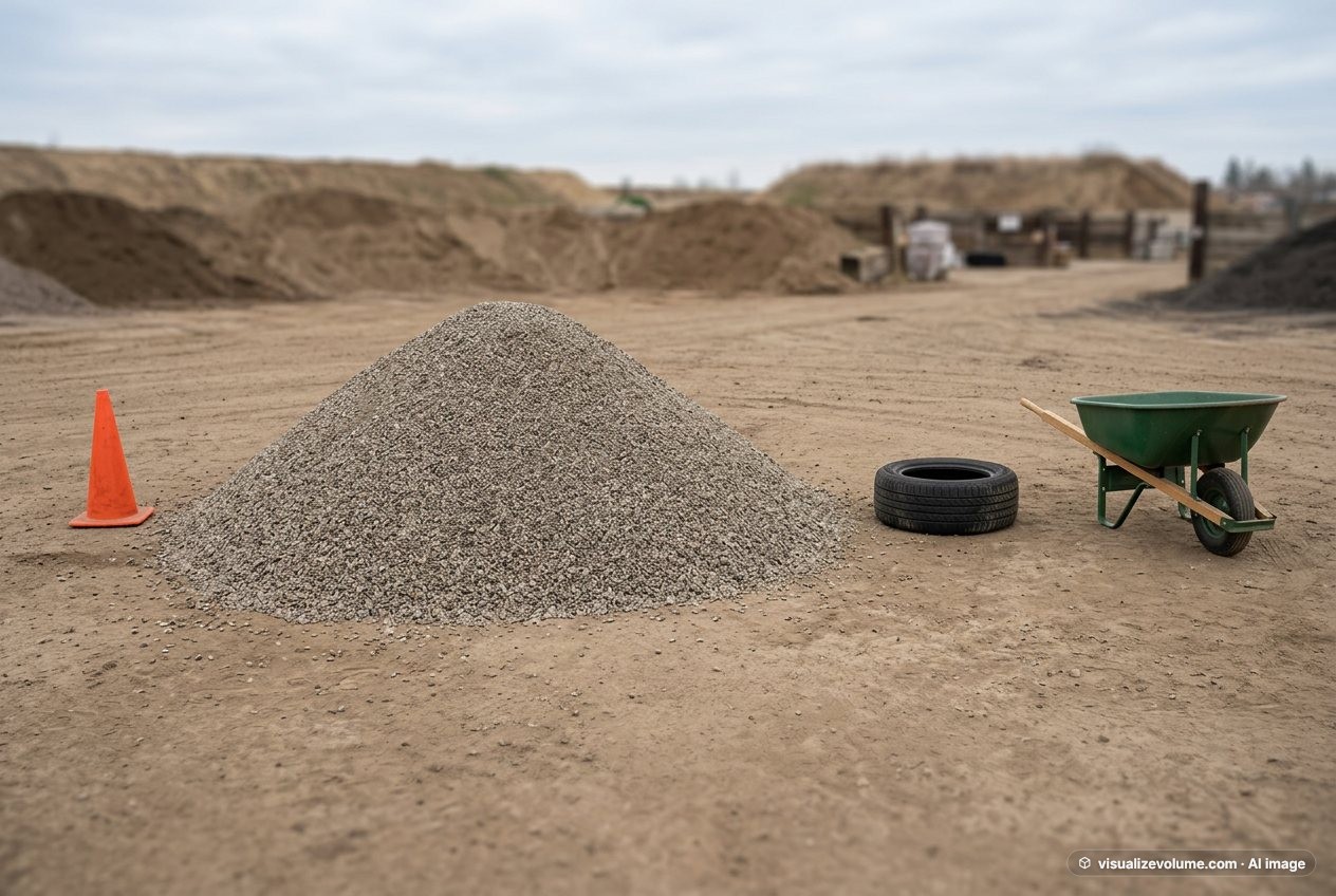 What does 10 tons of gravel look like? Shown at true scale next to a traffic cone, a car tire and a wheelbarrow.