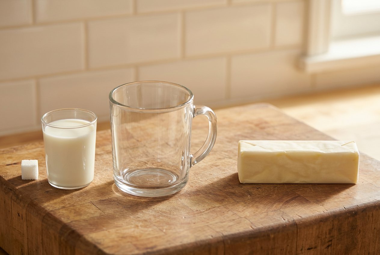 What does 0.5 cups of milk (whole) look like? Shown at true scale next to a sugar cube, a 1-cup measure and a stick of butter.