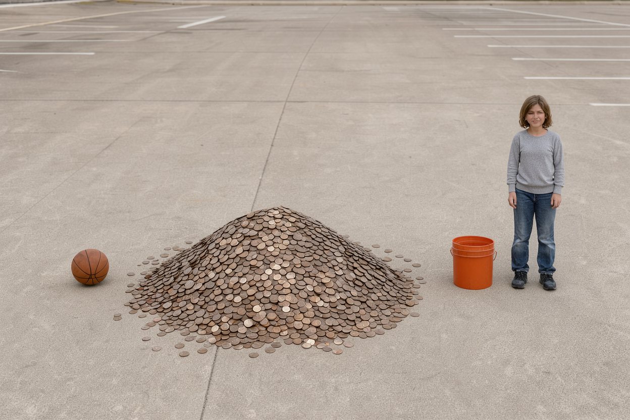 What do 1,000,000 pennies look like? Shown at true scale next to a basketball, a 5-gallon bucket and an adult person.