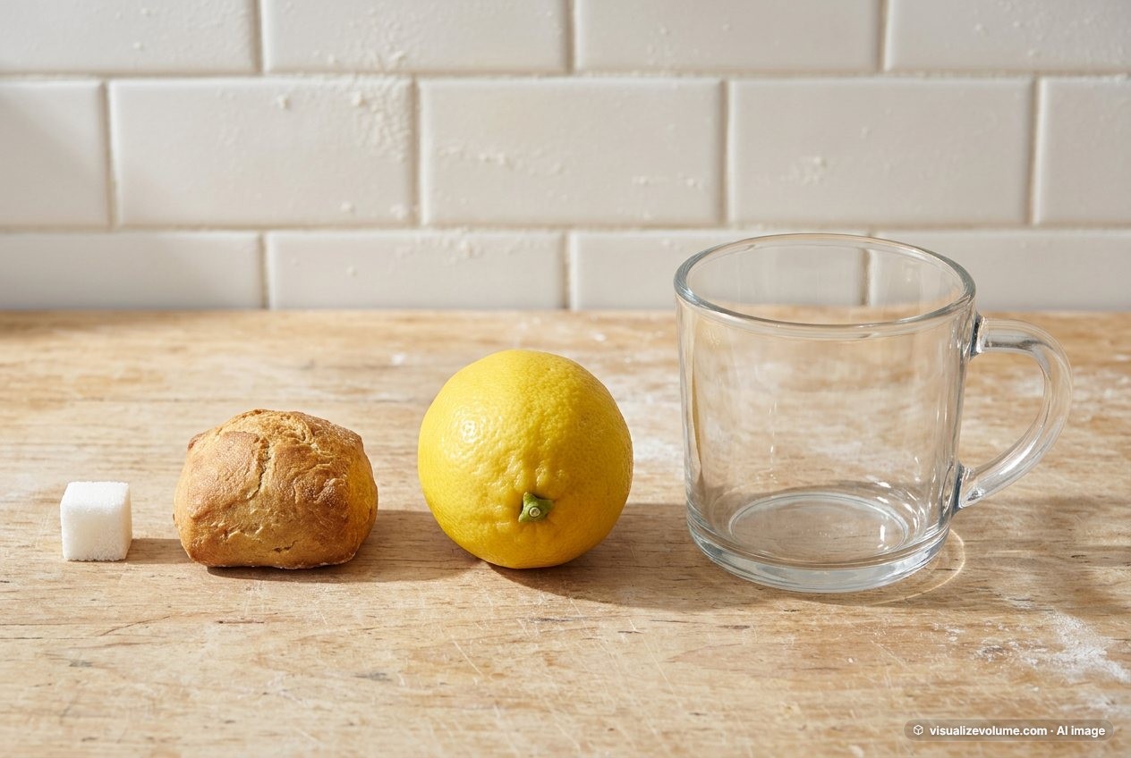 What does 25 grams of bread look like? Shown at true scale next to a sugar cube, a lemon and a 1-cup measure.