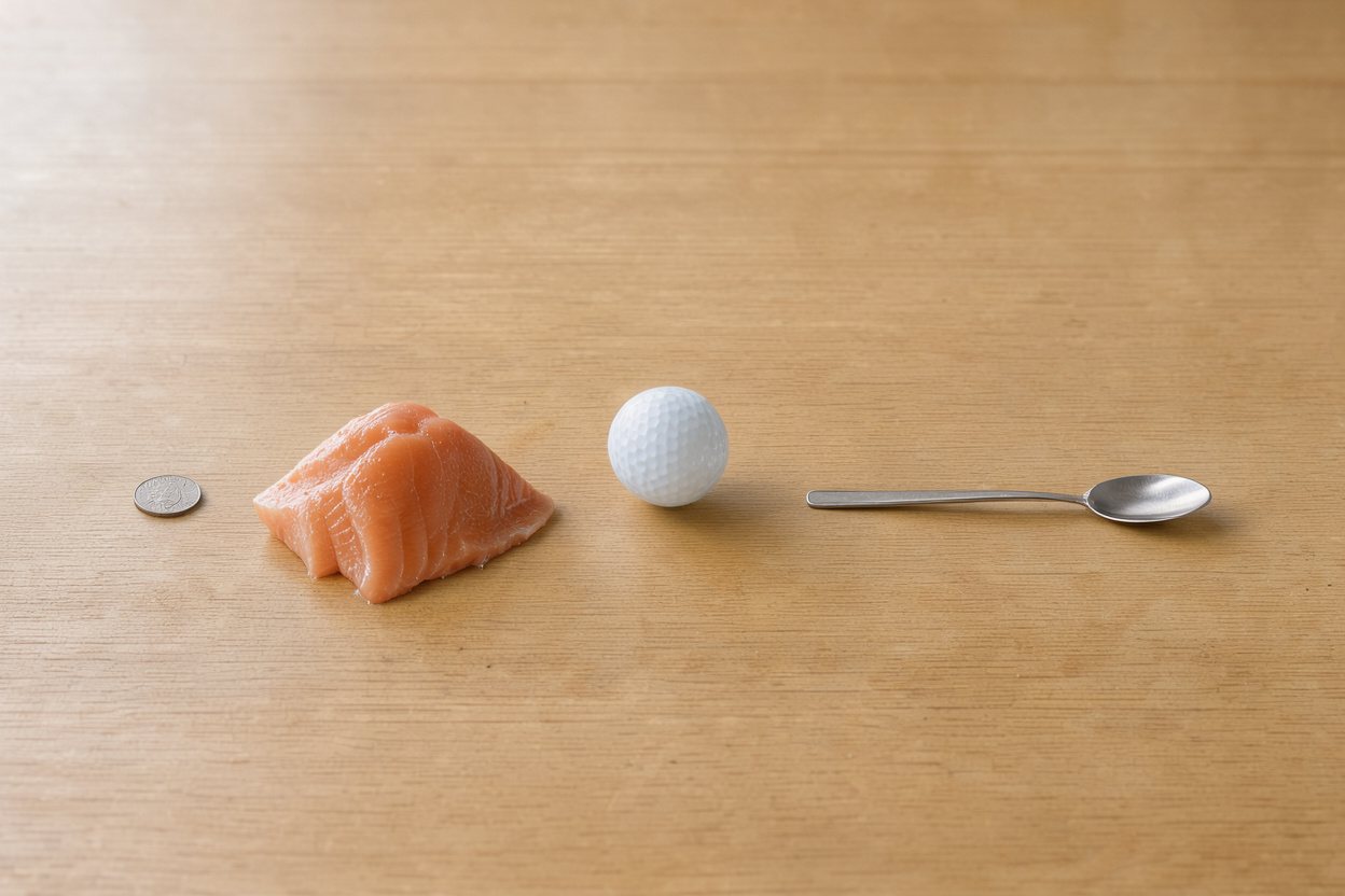 What does 4 ounces of mahi-mahi fillet look like? Shown at true scale next to a US quarter, a golf ball and a teaspoon.