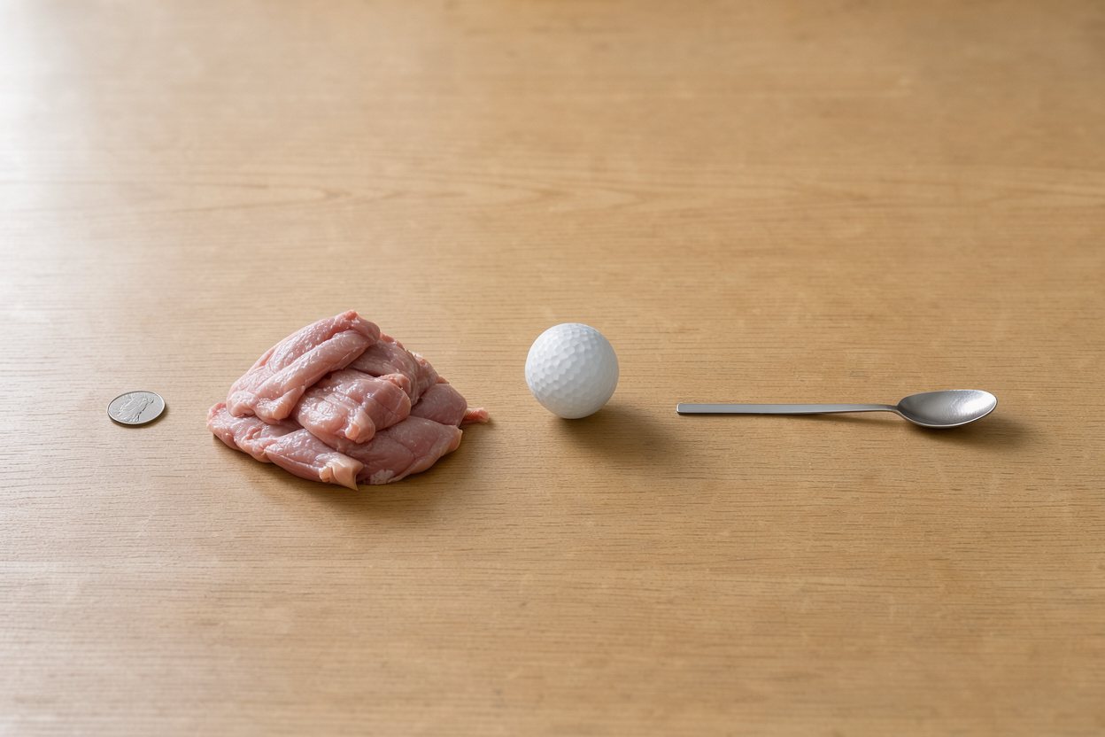 What does 200 grams of pork tenderloin look like? Shown at true scale next to a US quarter, a golf ball and a teaspoon.