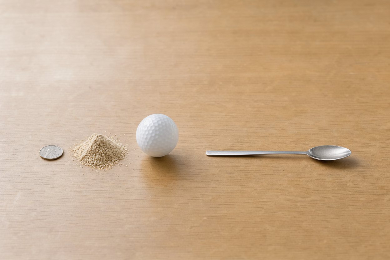 What does 1 tablespoon of psyllium husk powder look like? Shown at true scale next to a US quarter, a golf ball and a teaspoon.
