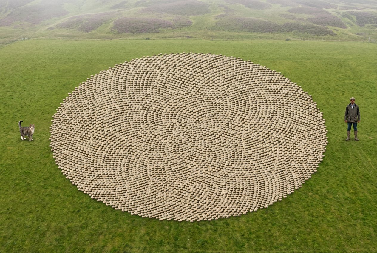 What do 10,000 sheep look like? Shown at true scale next to a house cat and an adult person.