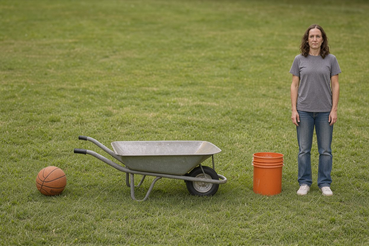 What does 1 wheelbarrow look like? Shown at true scale next to a basketball, a 5-gallon bucket and an adult person.