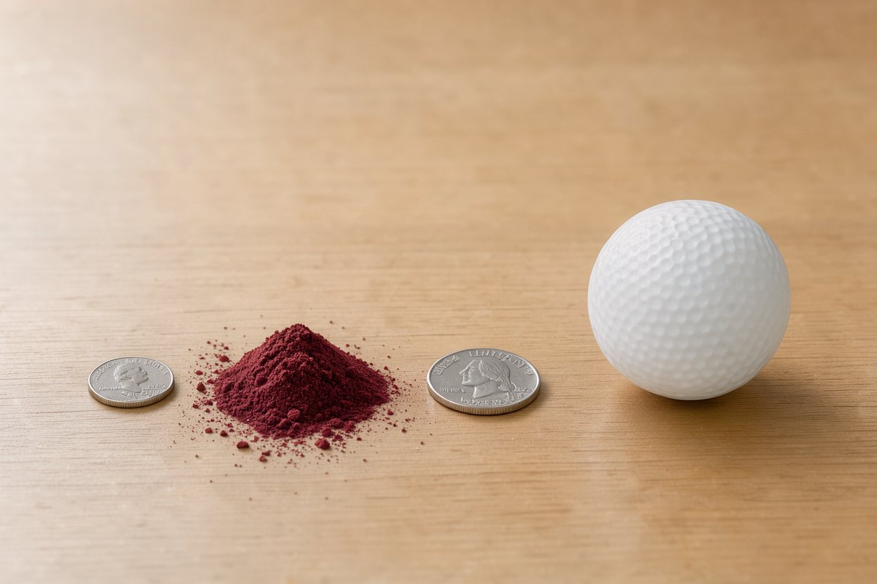 What does 1 teaspoon of beetroot powder look like? Shown at true scale next to a US dime, a US quarter and a golf ball.