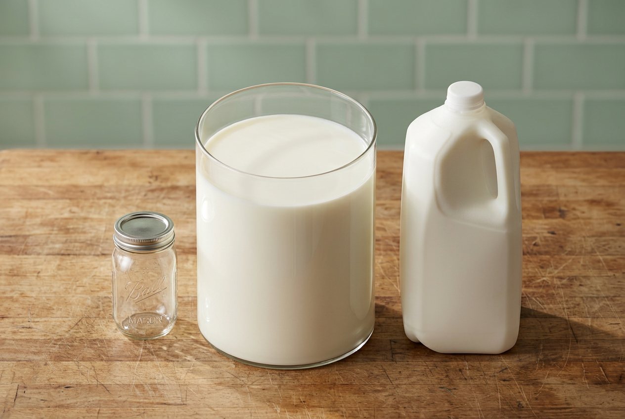 What does 3.13 gallons of milk (whole) look like? Shown at true scale next to a pint mason jar and a gallon milk jug.