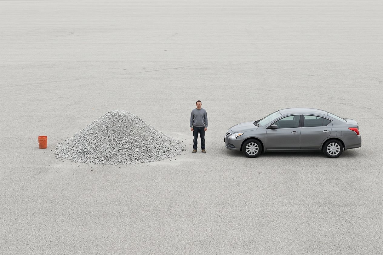What does 13 tons of crushed limestone look like? Shown at true scale next to a 5-gallon bucket, an adult person and a sedan car.