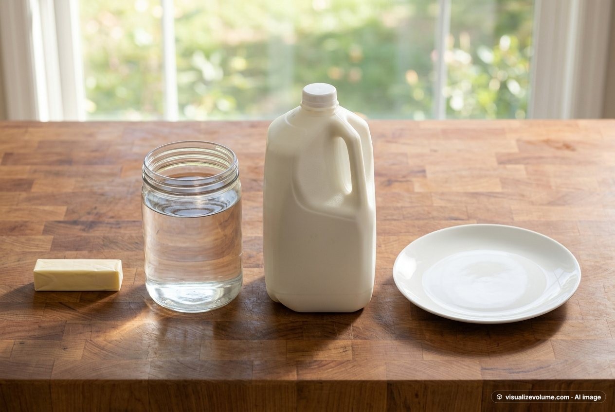 What does 3,200 milliliters of water look like? Shown at true scale next to a stick of butter, a gallon milk jug and a dinner plate.