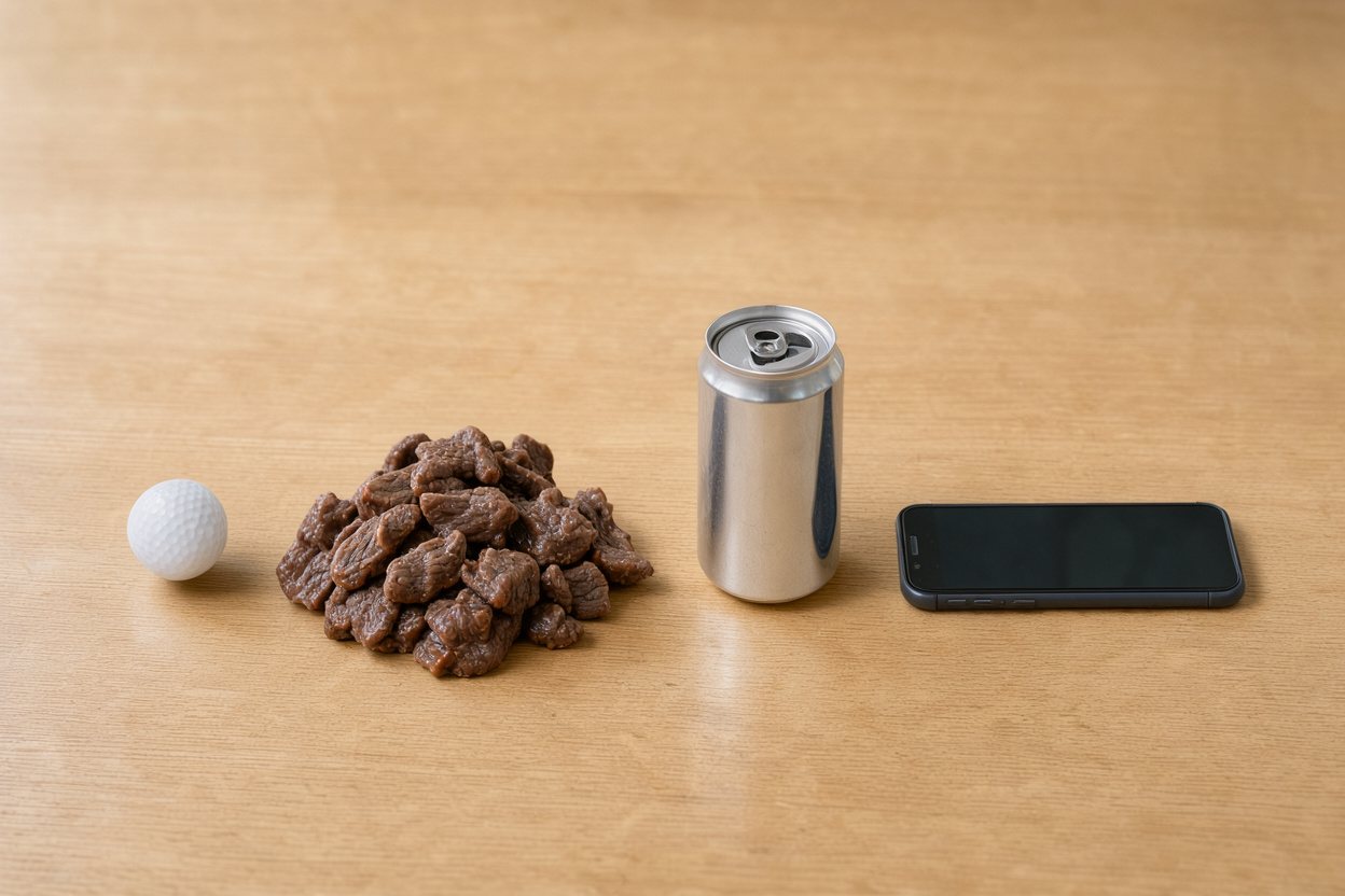 What does 400 grams of beef stew meat look like? Shown at true scale next to a golf ball, a soda can and a smartphone.