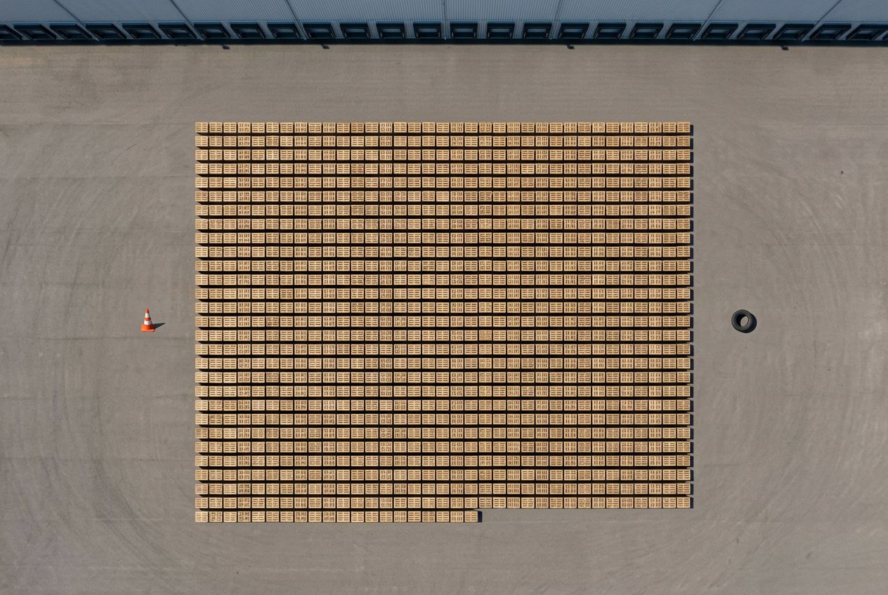 What do 1,000 pallets look like? Shown at true scale next to a traffic cone and a car tire.