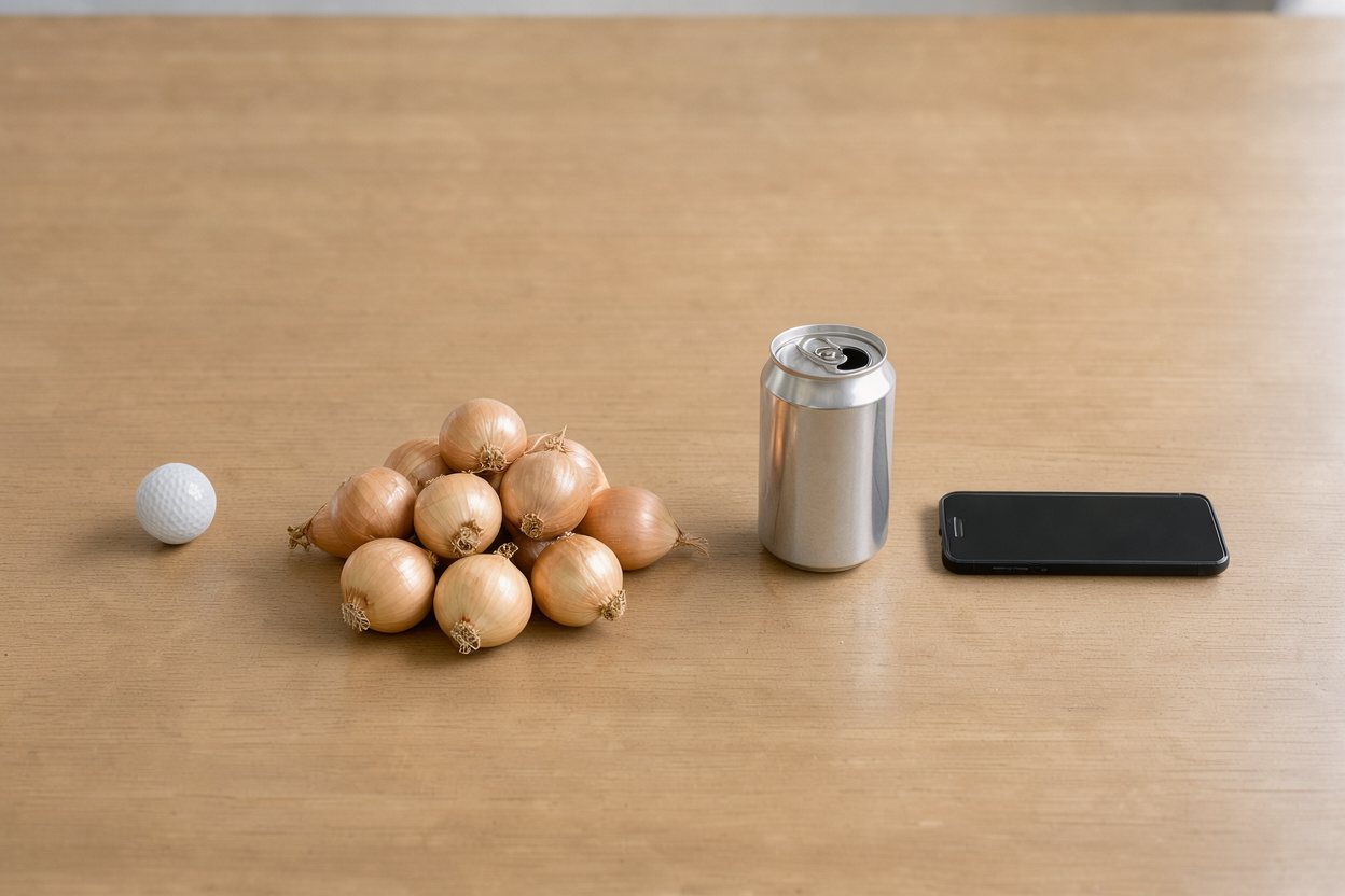 What does 500 grams of yellow onions look like? Shown at true scale next to a golf ball, a soda can and a smartphone.