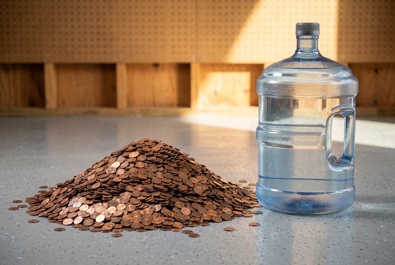 How many pennies would fill a 5-gallon water jug? Shown at true scale next to a 5-gallon water jug.