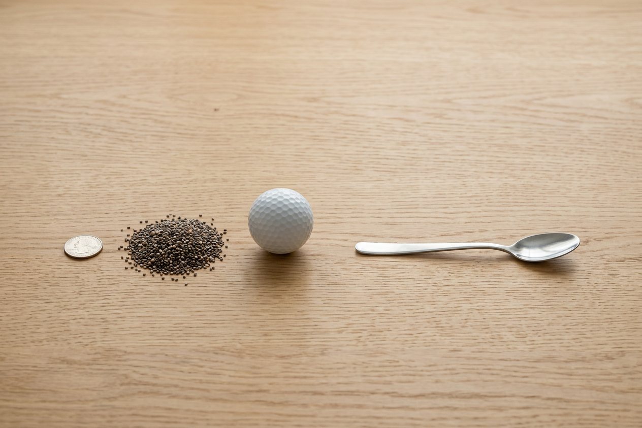 What does 2 tablespoons of chia seeds look like? Shown at true scale next to a US quarter, a golf ball and a teaspoon.