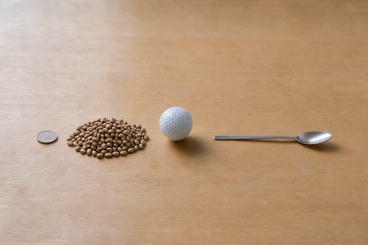 What does 50 grams of dried beans look like? Shown at true scale next to a US quarter, a golf ball and a teaspoon.