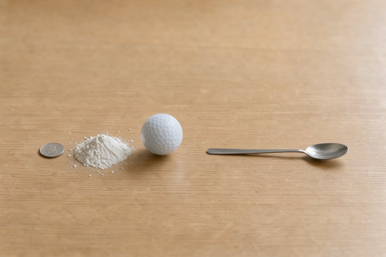 What does 10 grams of l-glutamine powder look like? Shown at true scale next to a US quarter, a golf ball and a teaspoon.