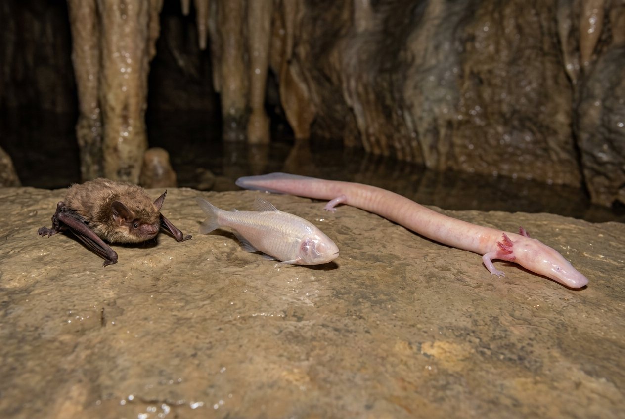 Bat vs blind cavefish vs olm: size comparison