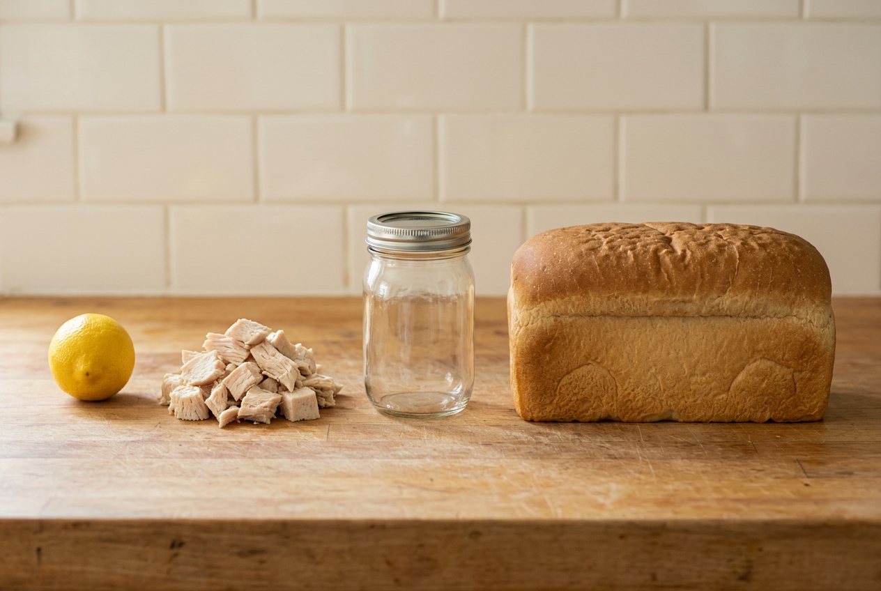 What does 200 grams of cooked chicken breast look like? Shown at true scale next to a lemon, a pint mason jar and a loaf of bread.