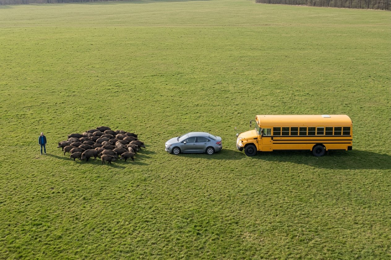 What do 40 wild boars look like? Shown at true scale next to an adult person, a sedan car and a school bus.