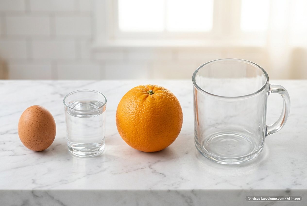 What does 3 fluid ounces of water look like? Shown at true scale next to a large egg, an orange and a 1-cup measure.