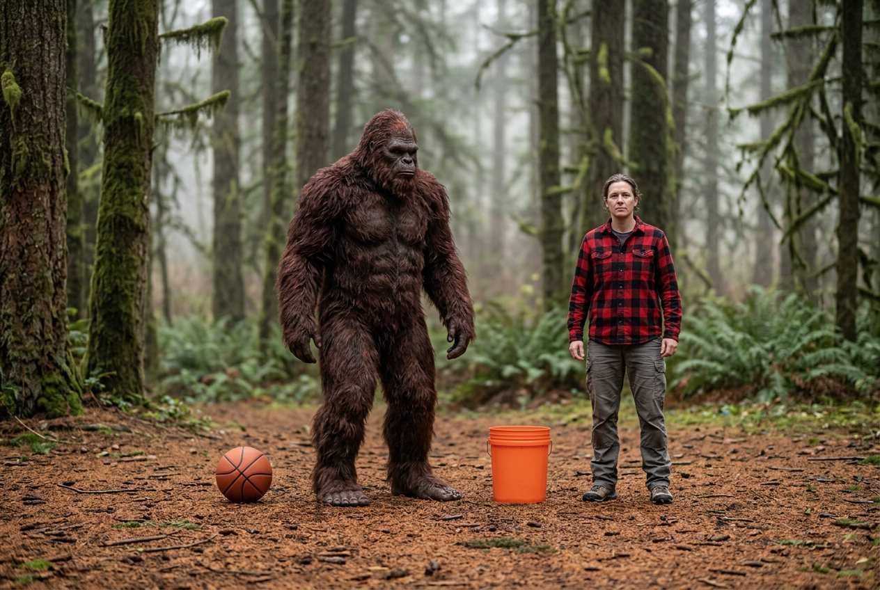 What does 1 bigfoot look like? Shown at true scale next to a basketball, a 5-gallon bucket and an adult person.