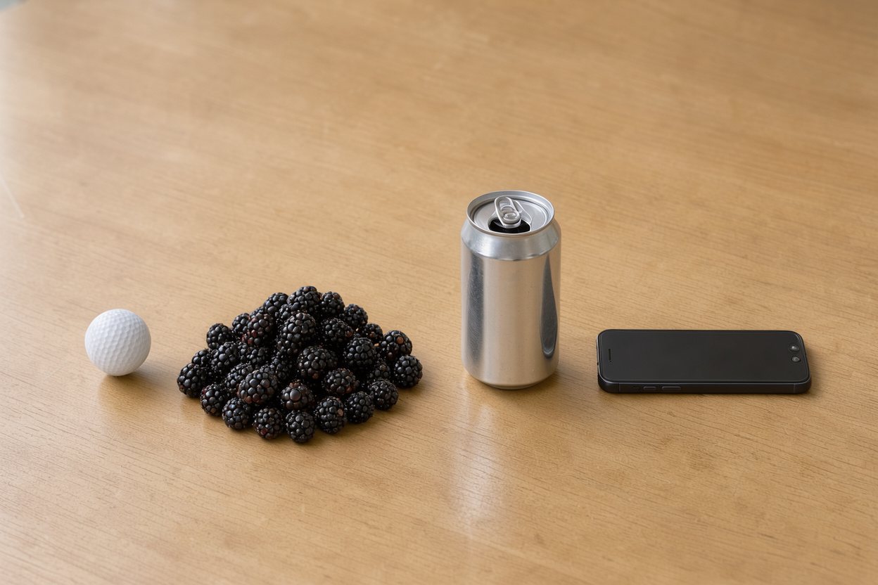 What does 300 grams of blackberries look like? Shown at true scale next to a golf ball, a soda can and a smartphone.