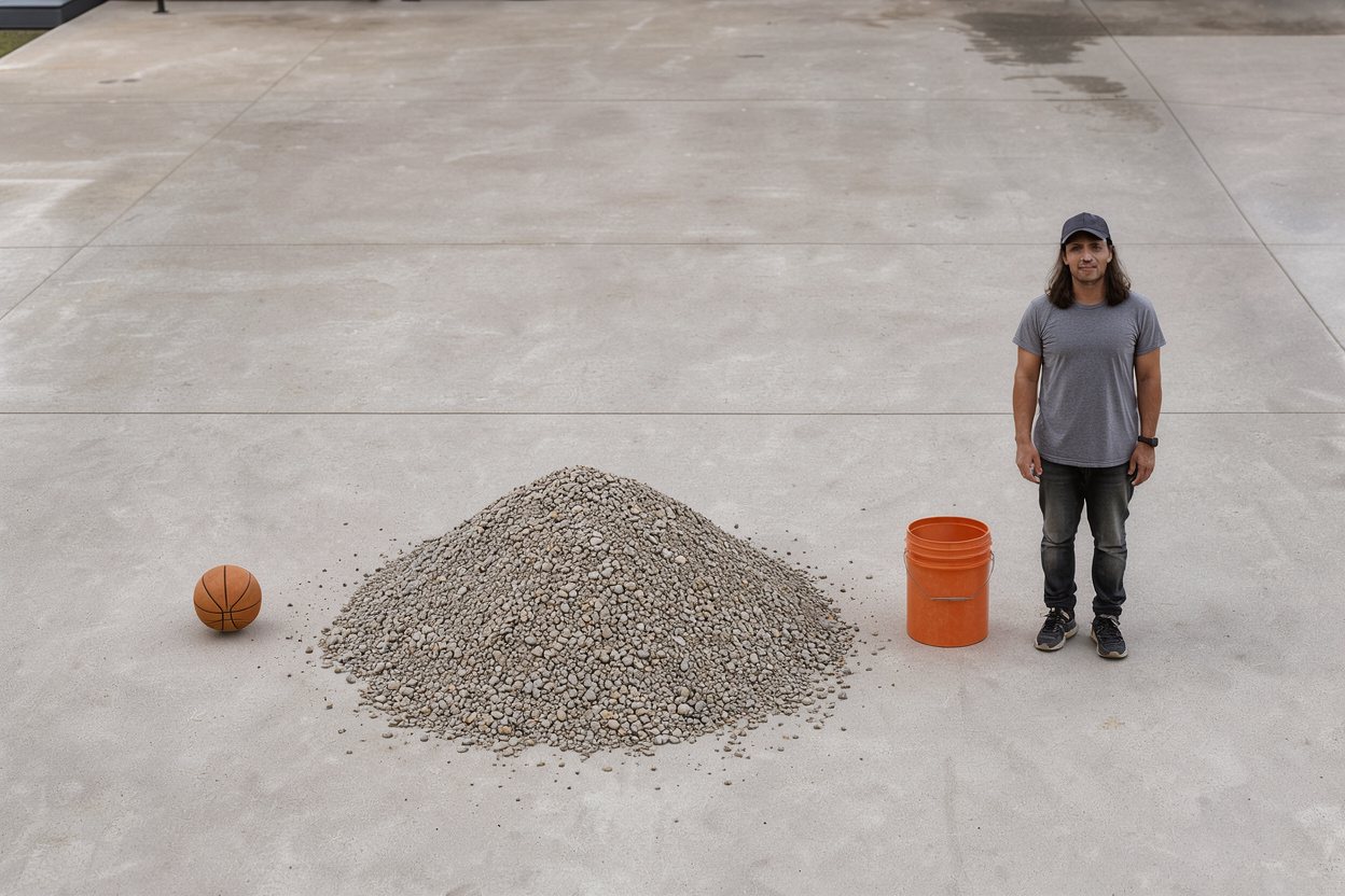What does 1 ton of gravel look like? Shown at true scale next to a basketball, a 5-gallon bucket and an adult person.