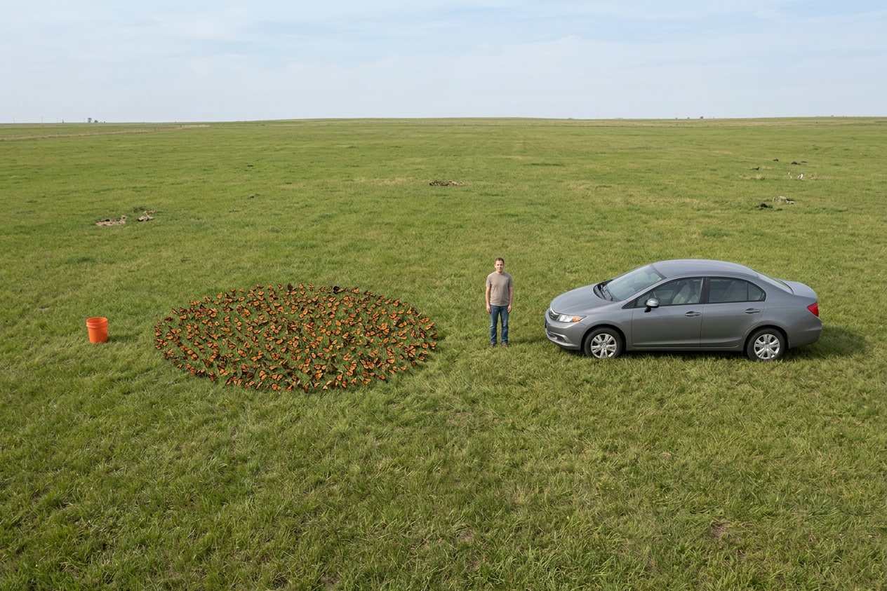 What do 2,000 monarch butterflies look like? Shown at true scale next to a 5-gallon bucket, an adult person and a sedan car.
