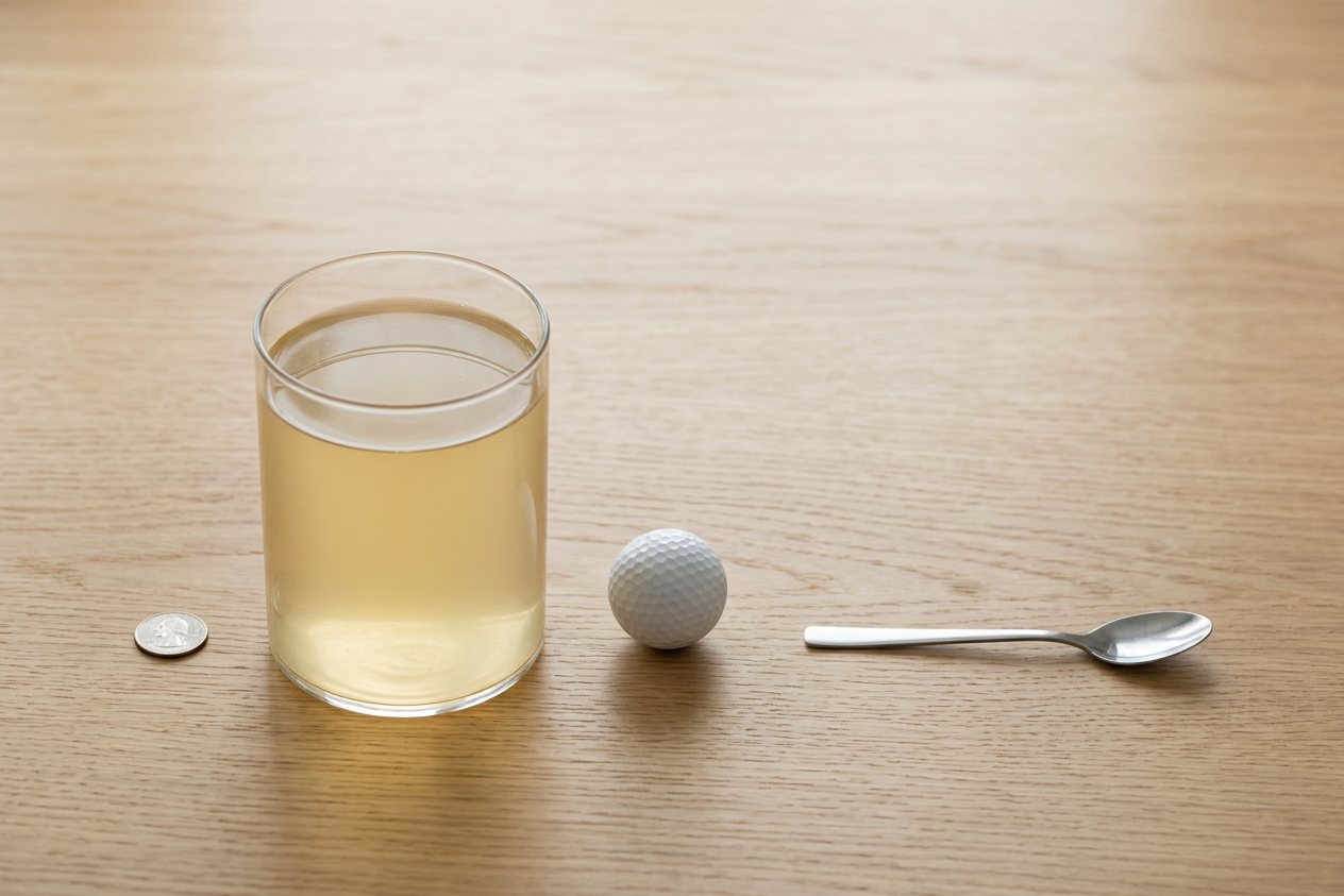 What does 32 fluid ounces of chicken broth look like? Shown at true scale next to a US quarter, a golf ball and a teaspoon.