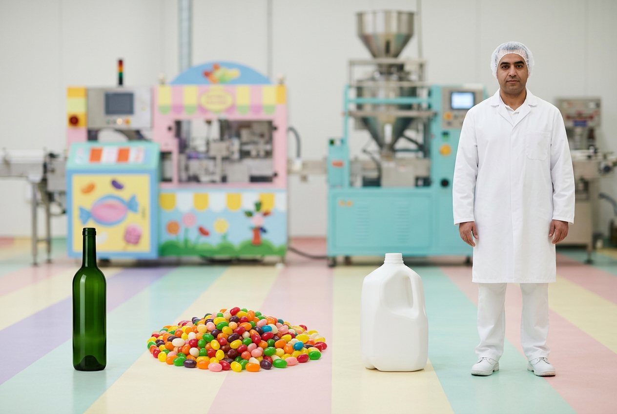 What do 10,000 jelly beans look like? Shown at true scale next to a wine bottle, a gallon milk jug and an adult person.
