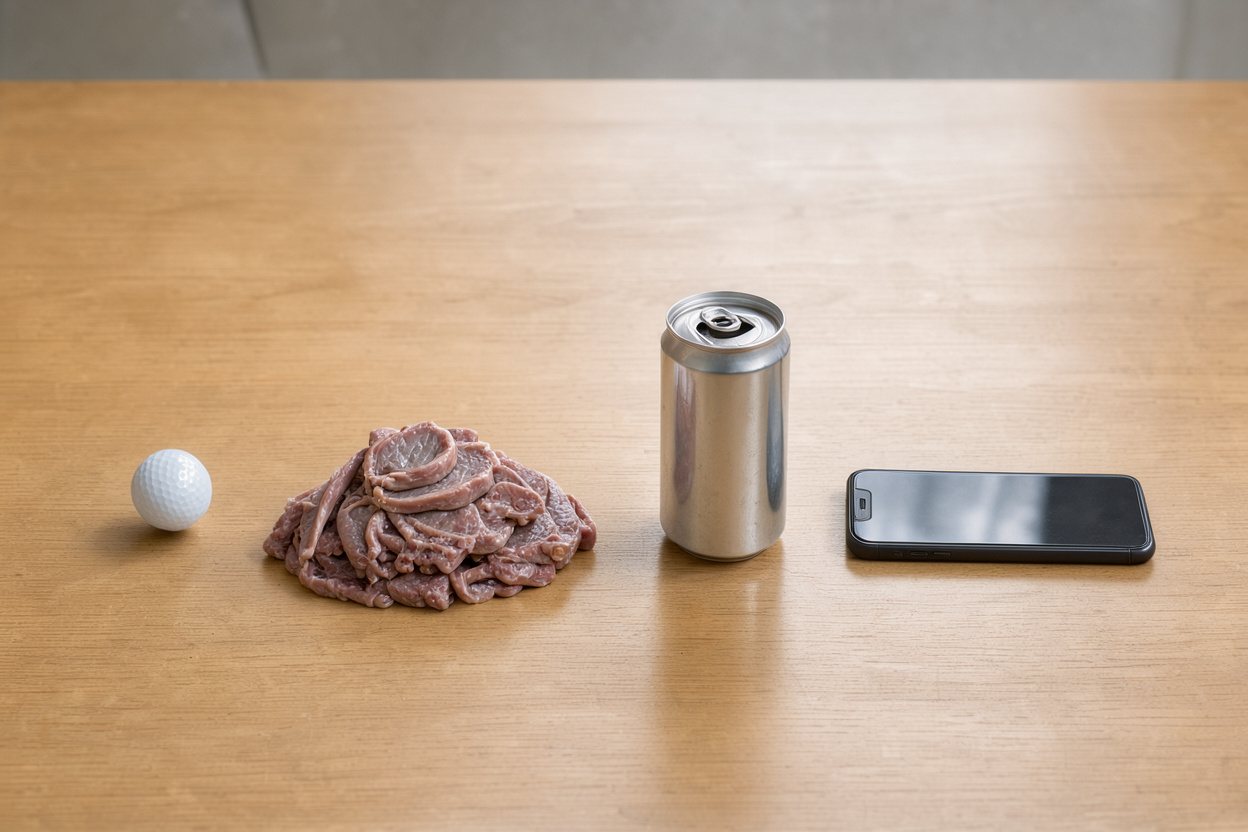 What does 1 pound of ham steak look like? Shown at true scale next to a golf ball, a soda can and a smartphone.
