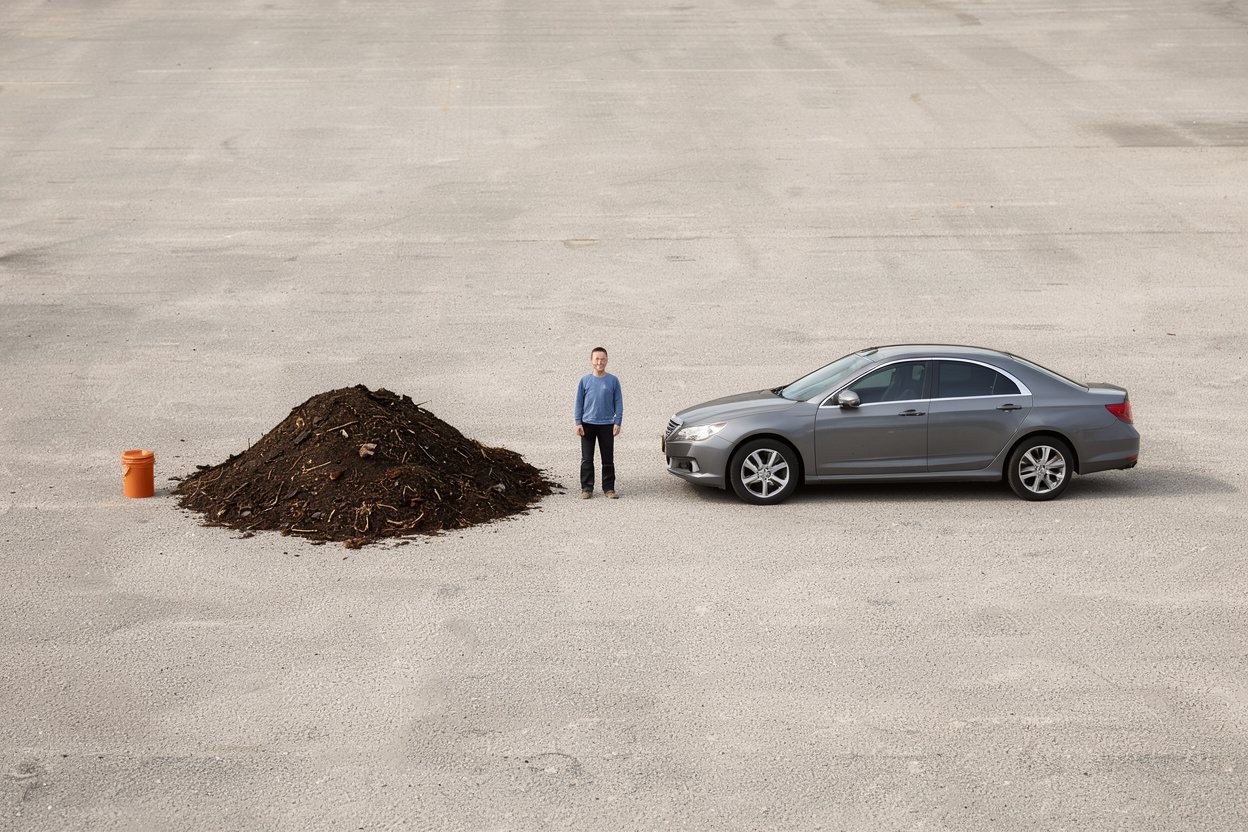 What does 5 cubic yards of compost look like? Shown at true scale next to a 5-gallon bucket, an adult person and a sedan car.