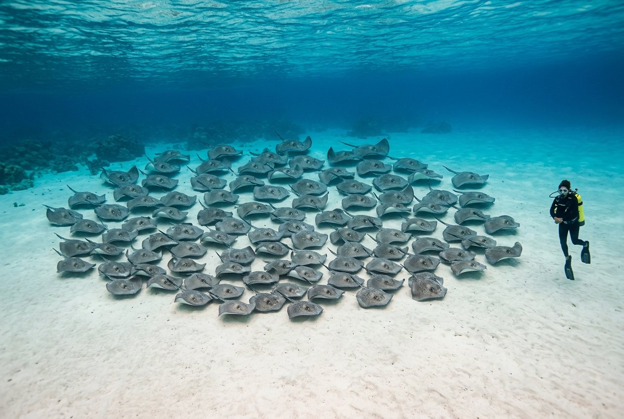 What do 100 stingrays look like? Shown at true scale next to an adult person.