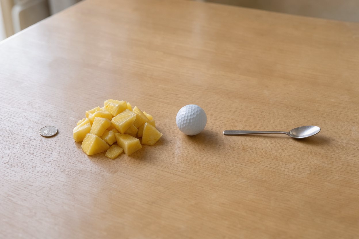 What does 1 cup of diced pineapple look like? Shown at true scale next to a US quarter, a golf ball and a teaspoon.